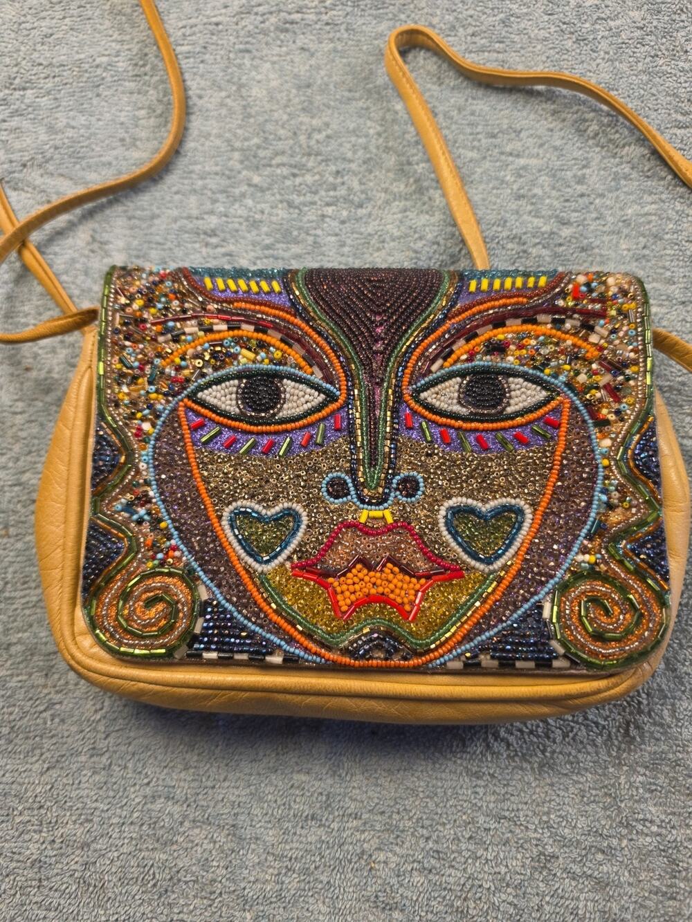 VTG Bradley Chicago Beaded Face Leather Crossbody Bag Mustard Yellow Art Wear